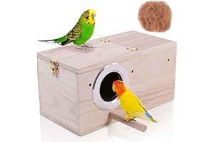 CALVANA Hand Crafted Extra Large Parakeet Nest Box; Budgie Bird House with Natural Coconut Fiber Nesting Material; Natural Wood Breeding Box for Cockatiel, Lovebirds, Parrotlets and Small to Medium Birds