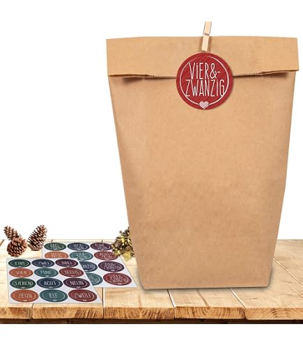 Calendrier De L'Avent DIY à Remplir - 24 Sacs En Papier Kraft 13x8x24cm - Pour Noël, Anniversaire, Fêtes