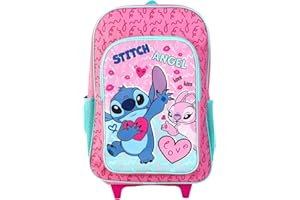 NMB FASHIN FASHION AS UNIQUE AS YOU ARE NMB Fashion Foldable Kids Travel Trolley Backpack - Wheeled Carry-On Suitcase Rucksack with Favorite Character Design for Children (Deluxe Lilo & Stitch with Angel Pink Trolley)