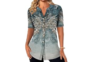 ABYOVRT Damska elegancka bluzka z krótkim rękawem elegancka koszulka z dekoltem w serek na co dzień damska zapinana na guziki koszulka z nadrukiem Basic Tee, S-XXL