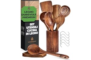 WOODENHOUSE Set Mestoli in Legno, Cucchiaio Legno - Utensili Cucina in Legno per Cucina con Porta e Poggiamestolo - Pentole Naturali Antiaderenti - Set durevole di 13 pezzi