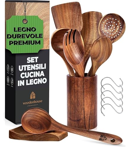 Set Di 16 Utensili Da Cucina In Legno Di Teak Naturale - Include Spatola, Mestolo, Cucchiai, Setaccio, Portautensili E Scolapiatti - 3