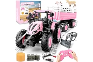 YOOHBERRYS RC Trattore Telecomandato per Bambini, 2,4 GHz Trattore Radiocomandato con Rimorchio Elettrico e Luce, 1:24 Giocattolo per Bambini 3 4 5 anni