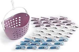 culiclean Clothes Pegs for Washing Line with Basket Strong Soft Grip 40 pcs Soft Clips + 1 Peg Basket, Laundry Pegs purple blue white with Basket purple with Handle white