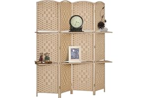 HOMCOM Paravento da Interno a 4 Pannelli Pieghevole, 160x170 cm Separé Divisorio per Ambienti Interno Autoportante con Mensole in Carta e Legno di Pino per Casa, Soggiorno e Ufficio, Color Naturale