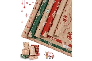 HEUCHAEY 6 Rollos Papel de Regalo (43cmx3M),Rollos de Papel para Envolver de Navidad 6 Patrones Papel De Regalo Reciclable papel de regalo vintage Kraft,Para Cumpleaños,Regalo Fiesta Navideña,Año Nuevo