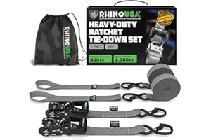 Rhino USA Kit Cinghie a Cricchetto Heavy Duty (2 Pezzi) 4cm x 2,4m (2.000 kg di resistenza alla rottura) - Cinghie di Fissaggio Ultimate con Ganci di Sicurezza Camion, ATV, UTV, Moto, Carico - Grigio