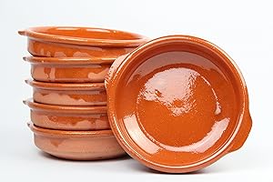 ARTESANÍA ROCA Terrine di terrcotta con Manici Diametro Esterno di 14 cm x 3,50 cm di altezza. Set di 6 pentole. realizzate in Spagna. In Terracotta refrattaria. n.8, misure interne: 12,5 cm.
