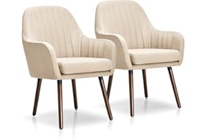 COSTWAY Accent Chairs Set of 2, Linen Fabric Upholstered Comfy Lounge Armchairs with Rubber Wood Legs, Modern Shell Occasional Side Dining Seat Vanity Reading Chair for Living Room Bedroom (Beige)