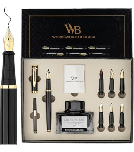 Wordsworth & Black Fountain Pen Set, 18K Gouden Medium Penpunt, Inclusief 24 Pack Inktpatronen, Inktvulconverter & Cadeauzak, Gouden Afwerking,[Zilver Goud], Perfect voor Mannen & Vrouwen
