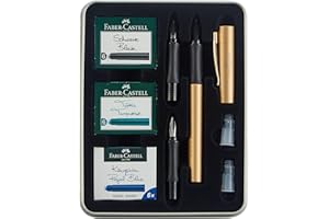 Faber-Castell Grip Edition 201523 - Juego de pluma estilográfica con cartucho de tinta de 30 ml, azul real, incluye convertidor, en estuche de metal, color dorado