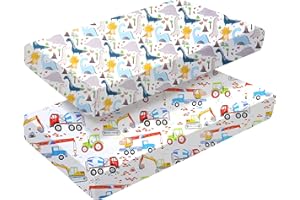 BABY AMABC 2 Pack Fitted Cot Bed Sheets 140 x 70cm for Girl Boys | Baby Bed Sheets | Easy Care Soft Cotton and Dureable, Unique Car & Dinosaur Pattern Baby Crib Mattress