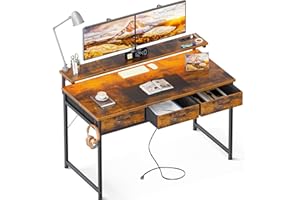 ODK Biurko z 3 szufladami, stół gamingowy z 2 gniazdami wtykowymi i 2 portami ładowania USB, biurko komputerowe z diodami LED i stojakiem na monitor, biurko do sypialni (120 x 50 x 92,7 cm, brązowe)