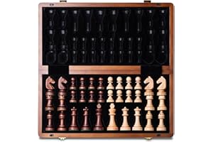 A&A 38cm/15 Magnetisches Schachspiel aus Holz, Handgefertigte Staunton-Schachfiguren (7,6cm/3" Königshöhe) mit 2 zusätzlichen Damen, Klappbares & Tragbares Reisespiel-Set