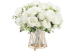 HNVNER 2 Bouquets Fleurs artificielles en Soie Pivoine Artificielle Fausse Fleur pour Mariage Parti Accueil Cuisine Décor, Blanc