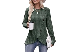 Jabeiyou Haut Femme Col Rond Automne Hiver Chic et Elegant Chaud Brossé Manche Longue Pull Casual Long Chemise Bouton Décoratif Tee Shirt Basique Top Taille S-XXL