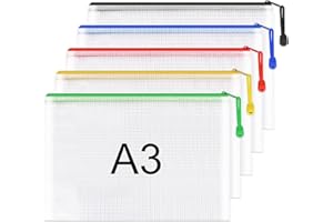 Umriox A3 Document Folder Extra Thick Zipper File Bags Mesh Zip Lock Document Wallets Folder Travel Storage Pouch for Office Supplies and Travel Accessories, Waterproof, 5PCS