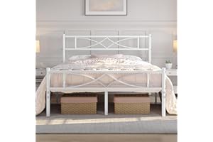 Yaheetech 5ft King Bed Frames Metal Slatted Bed Platform with Curved Design Headboard and Footboard, Under-bed Storage, No Box Spring Needed, 12 Built-in Steel Slats, White