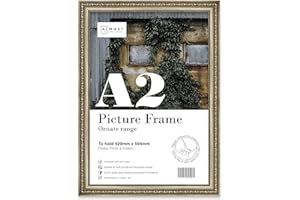 Almost Frameless A2 Champaign Ornate Picture Frame Fits A2 (42 x 59.4cm - 16.5 x 23.4in) Poster, Photo, Artwork, or Print. Baroque Style Portrait and Landscape Display with Wall Hooks