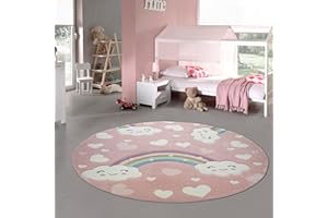 Teppich-Traum Tappeto per Bambini in Camera Arcobaleno con Nuvole e Cuori Rosa Größe 120 cm Rund