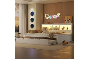 Gegtuon Doppelbett Holzbett 140x200 mit LED-Licht & USB-Buchse für Kinder, Jugendbett Funktionsbett mit Ausziehbares Bett und Stauraum Regal, Bettgestell mit Lattenrost aus Holz, ohne Matratze, Weiß