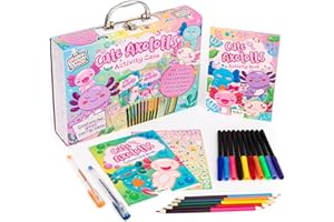 Bookoli - Cute Axolotl Activity Case - Fun Activity Set for Kids - Gift for Kids Aged 6 to 9 Years - Includes Colouring and Activities, Pens and Over 100 Stickers