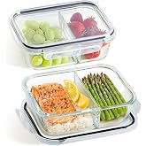 Praknu Meal Prep Glass 2 Compartments 1 Litre Airtight Lunch Box | Two Separate Gaps Per Serving, Borosilicate Oven &amp; Microwa