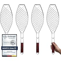 ToCi 4X Fischgriller Set - Grillkorb Aus Metall 57 Cm Mit Holzgriff Für Fisch & Gemüse