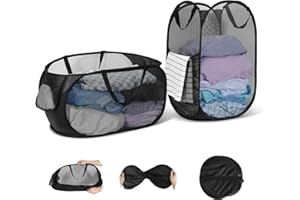 WUFANC Lot de 2 Panier A Linge Pliable en Maille avec Poignées, Grande Capacité (34 * 34 * 60cm/28 * 33 * 59cm) Panier Linge Pliable, pour Salle de Bain, Camping et Voyage (Noir - 2)