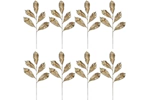 OAIRSE 8PCS Christmas Glitter Leaves Stem 52CM Magnolia Foliage Leaf Champagne Glitter Christmas Picks Christmas Tree Decorations for Xmas Tree Ornaments Wreath New Year Flower Arrangement