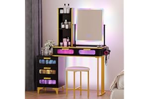 yoofun LED Dressing Table With Mirror And Stool, Auto Sensor Makeup Desk with Charging Station, Modern Glass Top Vanity Table Set with 5 Drawers for Bedroom (Black)