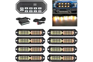 OPP ULITE 20-Flashing Mode White Amber Led Grille Strobe Lights with 9 Key Switch Surface Mount 12-LED Mini Warning Grill Light Bar for Construction Tow Trucks Van Utility Vehicle, 8pcs Pack