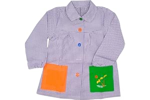 MAGIC SELECT Grembiule Scolastico per Bambini. Grembiule per Bambini a Quadretti con Bottoni, per l'Asilo e la Scuola. Grembiule con Tasca Ricamata per Bambini