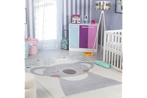 Surya Koala Tapis Chambre Enfant Gris, Blanc, Orange, Bleu - Tapis Enfant Poil Court Coloré et Doux pour Chambres à Coucher, Salle de Jeu - Tapis Chambre Fille, Garçon, Bébé - Thème Animal, 120x170cm