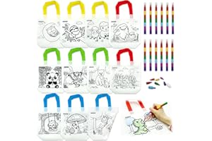 HahaMagic 12 Stofftaschen zum bemalen mit 12 Wachsmalstifte (7-in-1), ideal für Taschen bemalen Kindergeburtstag, Mitbringsel Kindergeburtstag, und Kunst-Partygeschenke für Kinder-Klassenzimmer