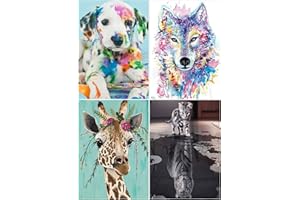 Gemi 5D Diamond Painting Kit Completo,4 Piezas Dibujos con Diamantes para Niños,Pintura con Diamantes Niños Perro Lobo Ciervo Gato Tigre para Para Decorar la Pared de Casa