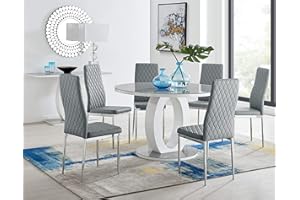 Furniturebox UK Giovani Modern Stylish Grey/White High Gloss and Glass Large Round Dining Table and 4/6 Contemporary Milan Chairs Set (Dining Table + Grey Milan Chairs, 6 Chairs)