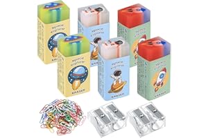 ANBEEISS 6 Pz Gomme da Cancellare per Bambini, Gomme da Cancellare Rettangolari, Gomme per Regali Studenti Cancelleria, Forniture Ufficio, con 100 Graffette, 2 Temperamatite - Universo