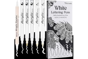 Thboxes 6 Pcs White Acrylic Paint Pens, Marker Fineliner Brush Pen Quick-Drying Different Sizes Waterproof White Fabric Pen for Clothes Wood Glass Ceramic Stone