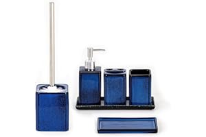 Home Harbour Zen Essence Collection | 6-Piece Blue Bathroom Accessories Set | Soap Dispenser, Toothbrush Holder, Tumbler, Vanity Tray, Multipurpose Holder & Toilet Brush Holder Ceramic (Set of 6 Blue)