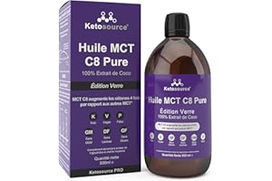 Huile MCT Pure C8 | Bouteille en verre | Produit 4 fois plus de cétones que les autres huiles MCT | Pureté élevée 99%+ | 100% noix de coco | Conforme au Keto et au jeûne | 500 ml | Ketosource®