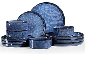 Homikit 12 Piece Dinner Sets, Reactive Glaze Plates and Bowls Set for 4 People, Elegant Dinnerware Stoneware for Kitchen Dinner Camping, Scratch Resistant, Dishwasher & Microwave Safe, Nebulas Blue