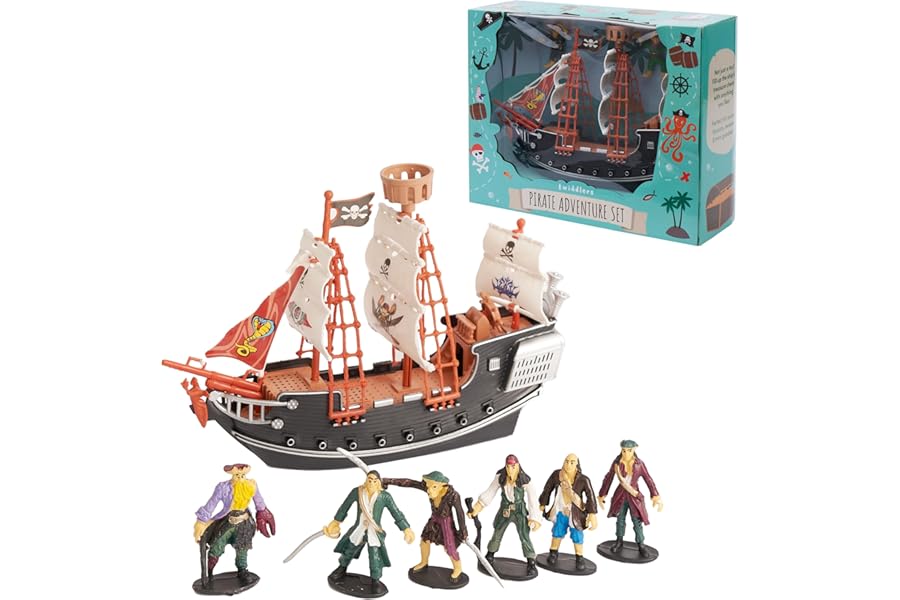 THE TWIDDLERS - Pretend Play Pirate Ship with Model Pirate Figures, Toy for Kids & Enthusiasts - Includes Ship & 6 Pirates