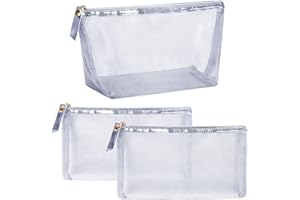 GINOYA Mesh Makeup Bag, 3 Pack Nylon Cosmetic Pouches with Zipper for Purse Diaper Bag (Silver)