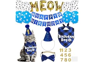 JOTFA Cat Birthday Party Supplies, Cat Birthday Hat with Number Bandana Bow Tie Banner Balloons Meow Letter Balloons for Cats Kittens Decorations