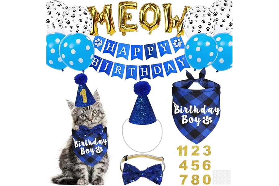 JOTFA Cat Birthday Party Supplies, Cat Birthday Hat with Number Bandana Bow Tie Banner Balloons Meow Letter Balloons for Cats Kittens Decorations