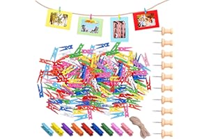 BPTZYLN 210PCS Wooden Mini Pegs - 2.5cm Colored Pegs for Photo Display with 30M Jute String
