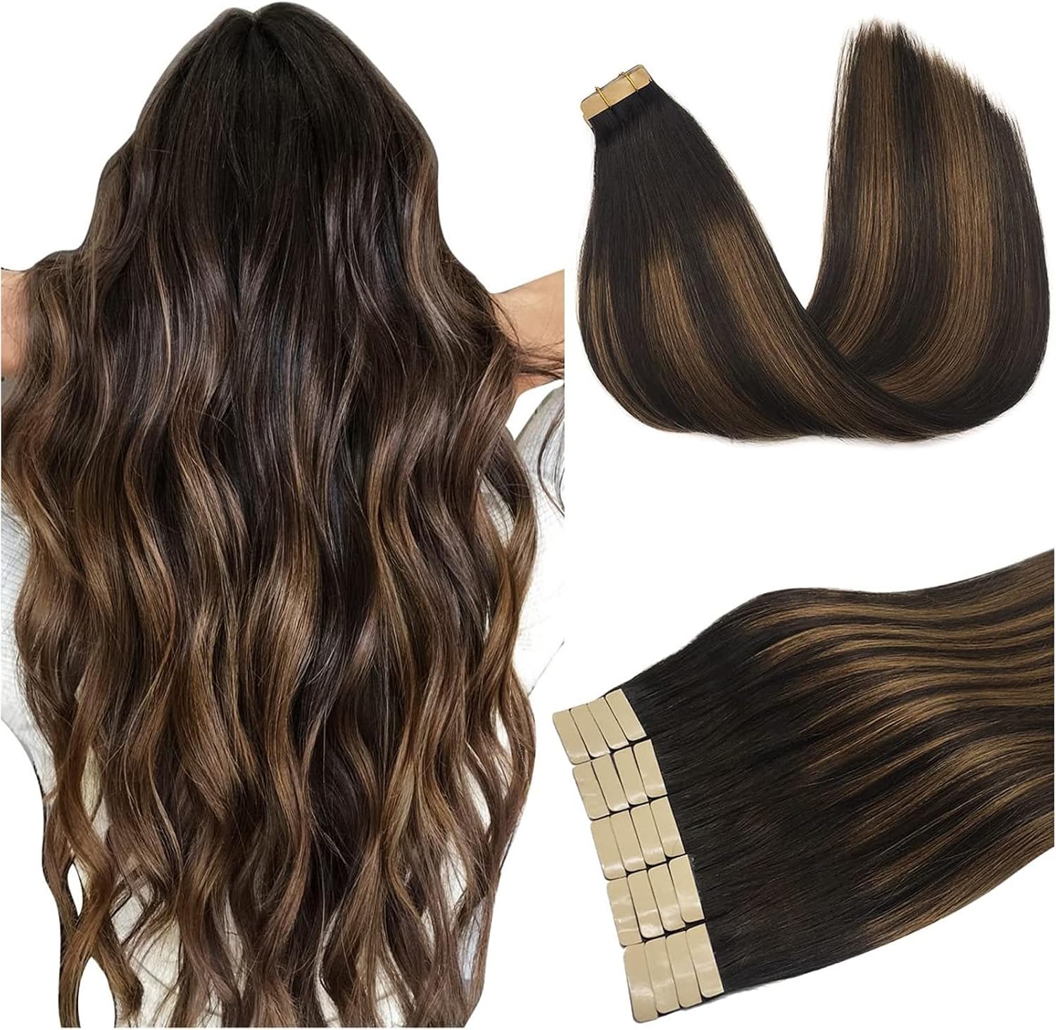 DOORES Tape in Hair Extensions Human Hair, Balayage Dark Brown to Chestnut Brown 50g 20pcs 18 Inch, Human Hair Extensions Natural Remy Straight Skin Weft