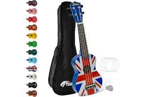 Tiger UKE10-UK Union Jack Sopran ukulele med väska, filtplock- och reservsträngar - flerfärgade