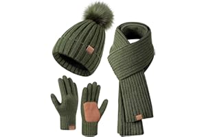 FISFET Mütze, Schal & Handschuh-Sets für Damen, Beanie Mütze Damen Winter mit Bommel Fleece Gefütterte, Touchscreen Handschuhe Schal Wärmer Mütze Damen 3 in 1 Set